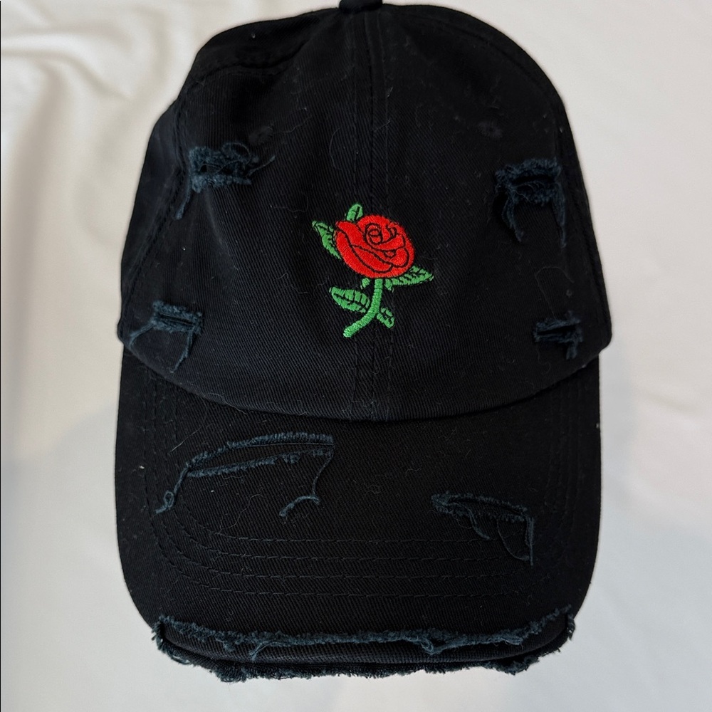 Black Distressed Rose Embroidered Cap